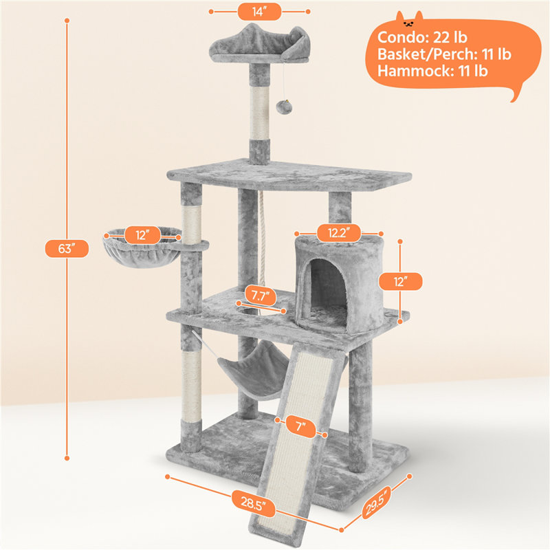 Cat Tree Tower, Light Gray, 63.5"H x 29.3" W X 30" D