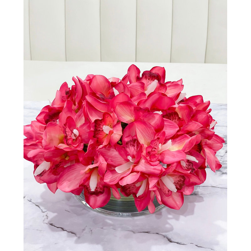 Magenta Orchids Centerpiece - Modern Pink Floral Arrangement In Glass Vase