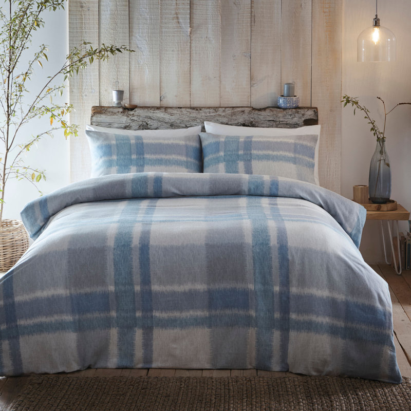 Verbier Cotton Chequered Duvet Cover Set with Pillowcases, Blue, King Duvet Cover + 2 Standard Pillowcases
