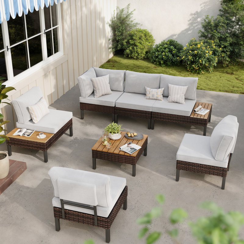 Ensemble de conversation d'extérieur en forme de L en métal pour 6 personnes avec coussins, Beige; gris
