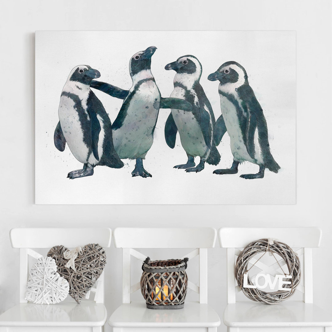 Leinwandbild - Illustration Pinguine Schwarz Weiß Aquarell