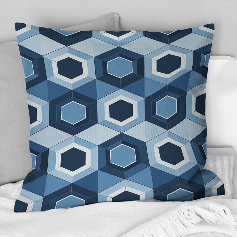 Imprimé hexagonal bleu et blanc - coussin décoratif moderne, H 18 po x l 18 po