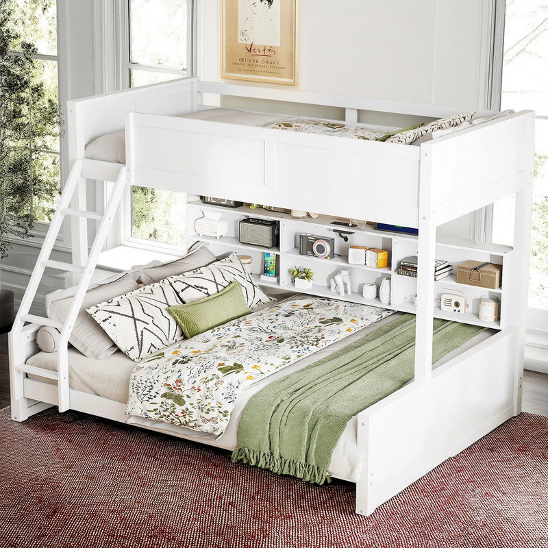 Full XL over Queen over Queen Bunk Bed with Storage Cabinets, USB Ports, and Built-in Convenience, White