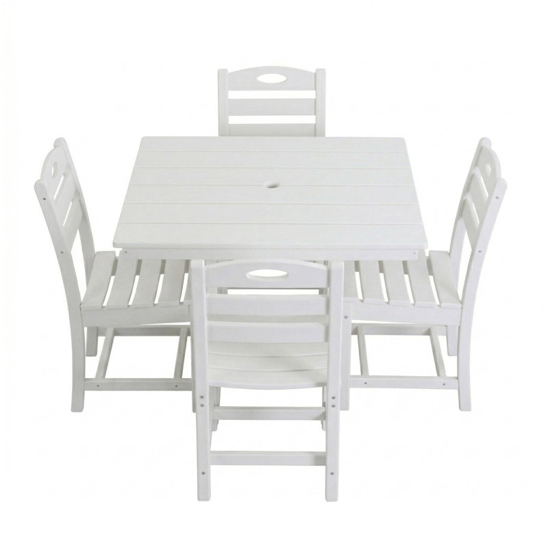 Ensemble de salle à manger en PEHD blanc pour 4, ensemble de patio 5 pièces avec table carrée et 4 chaises, trou pour parasol