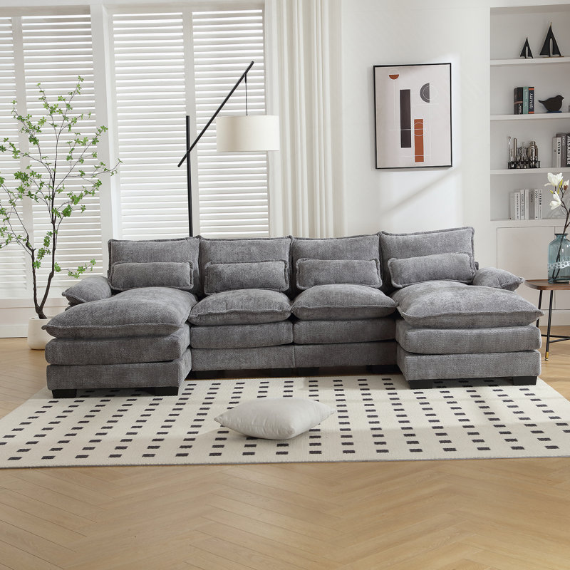Luxueux canapé surdimensionné en U à quatre places avec matériaux de qualité supérieure, Gris clair