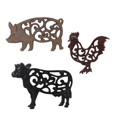 Cast Iron Farm Animal Trivet Set With Rooster Cow And Pig Rustic Kitchen Decor