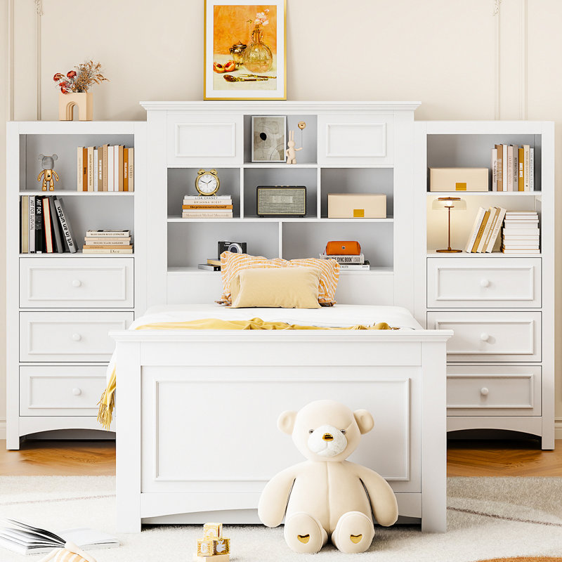 Lit plateforme simple blanc en bois avec armoire verticale tout-en-un, 4 tiroirs de chaque côté et tête de lit pour une élégance multiple