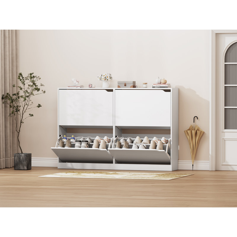 Armoire à chaussures avec quatre tiroirs rabattables et anti-basculement, convenant au rangement dans l'entrée, Blanc