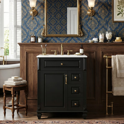 24" Small Space Bathroom Vanity With Ceramic Sink, Solid Wood Frame Cabinet With Flip-Out Drawer, 3 Side Drawers & Door Rack