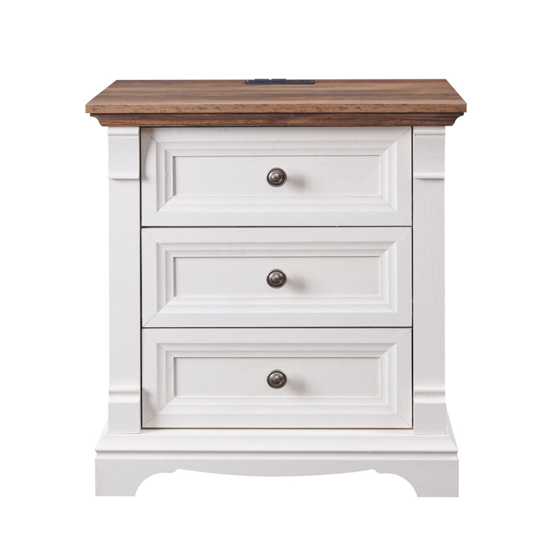 24" Farmhouse Nightstand With Charging Station With 3 Drawers Storage, Wood Side Table,End Table, White/Brown