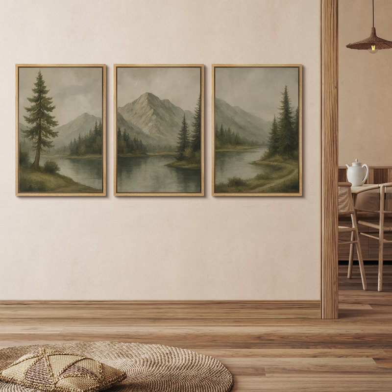 «Tranquil Mountain Lake Evergreen Landscape», reproduction d'art sur toile encadrée, 3 pièces, H 36 po x l 24 po x P 1,5 po