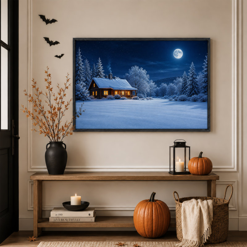 Toile enneigée en bois avec fenêtre chaleureuse sous Halloween, H 24 po x l 36 po