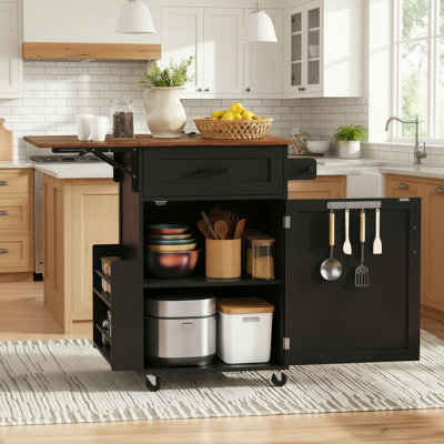Premium Black Farmhouse Style Kitchen Trolley With Folding Table, Open Side Shelves, Drawer Towel Rack, And Lockable Wheels; Suitable For Outdoor Gardens.