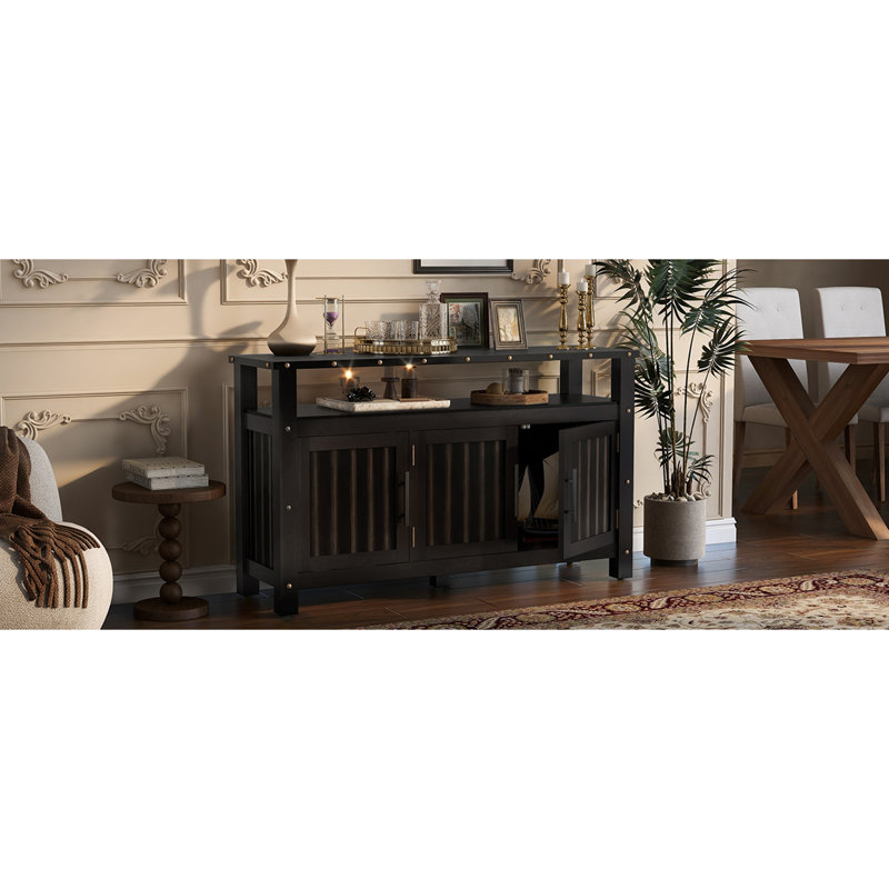 Buffet en pin de 140 cm (55,1 po) avec 3 portes de rangement, meuble de rangement à double compartiment., Noir