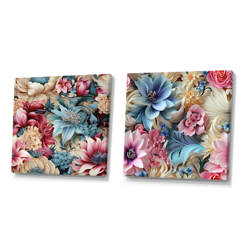 Faustine - Ensemble de salon mural floral 2 pièces, Toile tendue, H 16 po x l 33 po x P 1 po