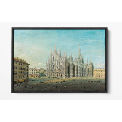 Piazza del Duomo, Milan by Carlo Bossoli Canvas Floater Framed Wall Art | Italian Cityscape Canvas Print – Light Oak Frame