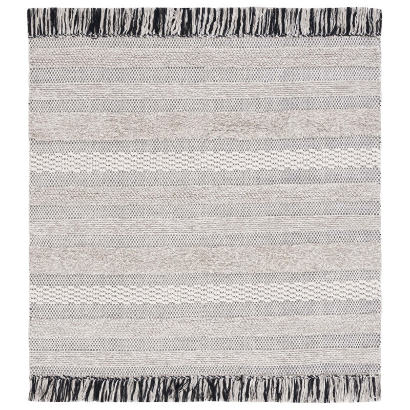 Ailiedh Vermont Flat Weave Wool/Cotton Striped Rug in Ivory/Beige, Square 6'