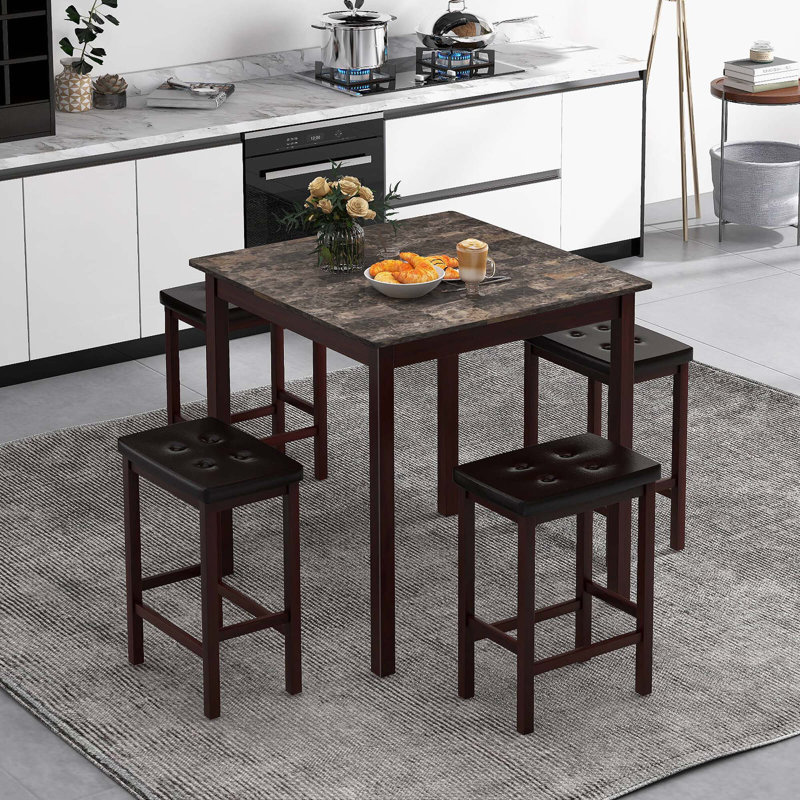 Ebern Designs 5 Pcs Bar Table Set Square Dining Table & 4 Pvc Leather Upholstered Bar Stools, Brown/Black