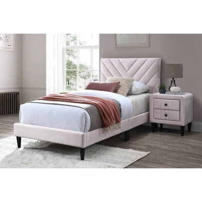 Lit simple avec tête de lit en velours rose réglable, système à 12 lattes et support de chambre à coucher moderne, contemporain