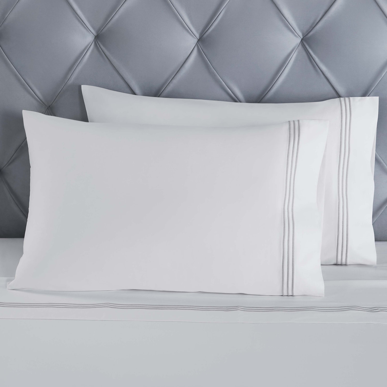Brandon Cotton Three-Line Embroidered Deep Pocket Bed Sheet Set by Superior, King Sheet Set with 2 Pillowcases, White/Silver
