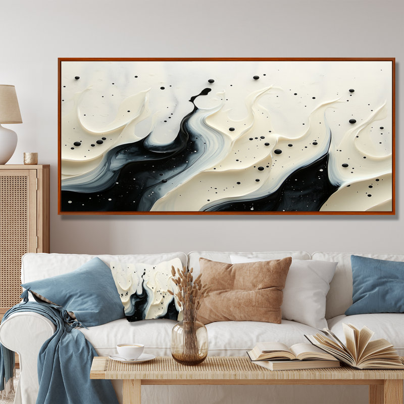 Crowborough noir blanc vague rythmique rivière I - goutte peinture d'art mural, H 28 po x l 60 po, Brun
