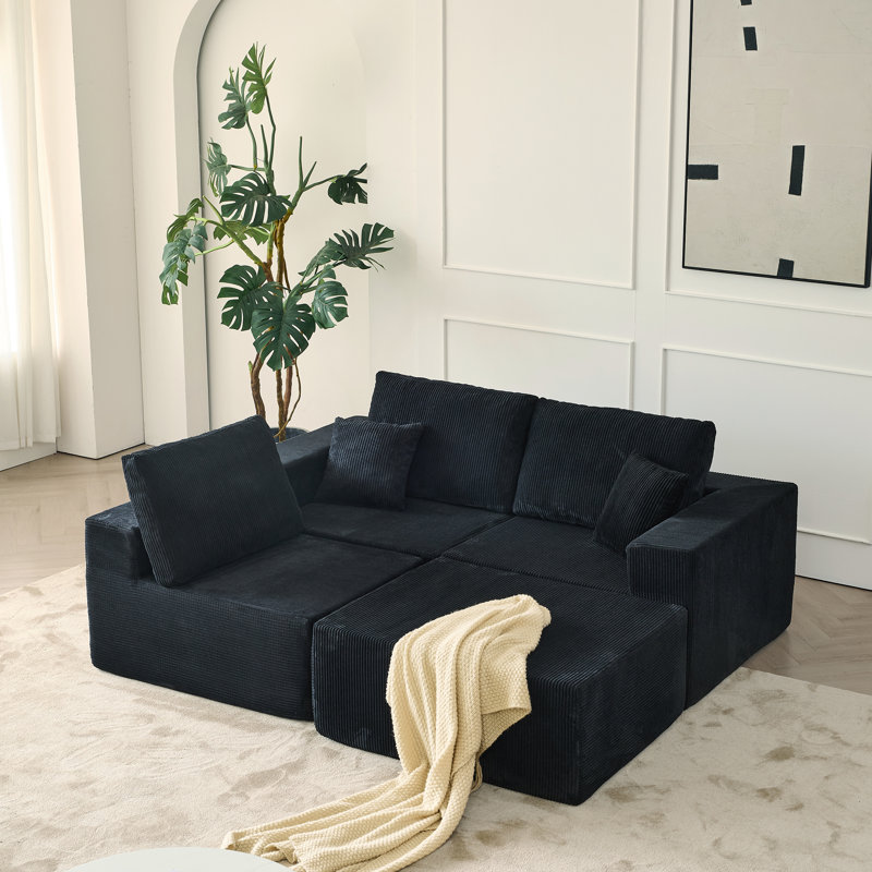 Canapé modulaire en L Westhampton avec repose-pieds et coussins Westhampton, Velours côtelé noir