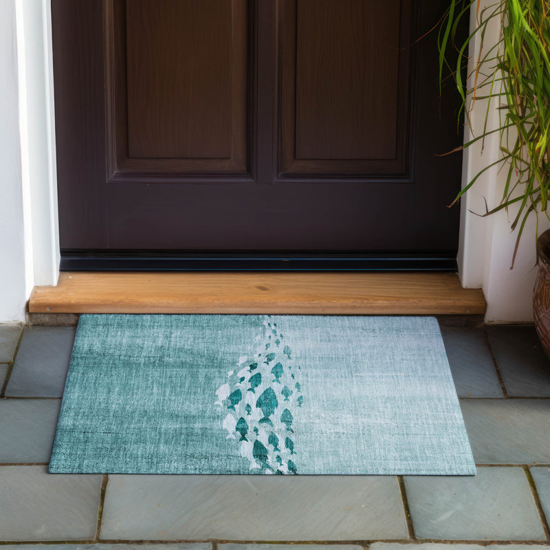 Tapis bleu intérieur / extérieur en polyester tissé à la machine Loreen, Rectangle 1 pi 8 po x 2 pi 6 po