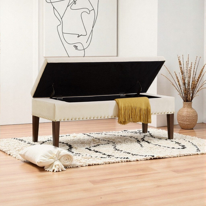 Banc avec rangement 48 pouces avec siège capitonné, cadre en bois massif, repose-pieds rembourré pour le salon de la chambre à coucher