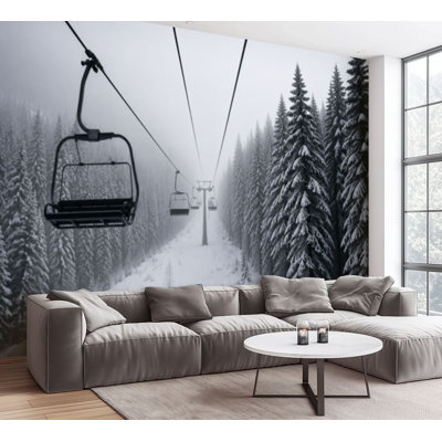 Wall Mural Peel and Stick Wallpaper Snow covered spruce trees ski lift along ski slope Hafjell ski resort Self-Adhesive Removable Contact Paper Wall Decor for Living Room Bedroom 100"H x 144"W