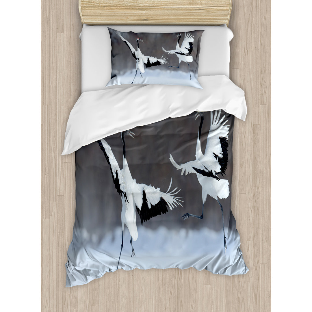 Wildlife Dancing Pair of Red-Crowned Crane with Open Wings in Flight Romantic Bird Print Duvet Cover Set Ambesonne 