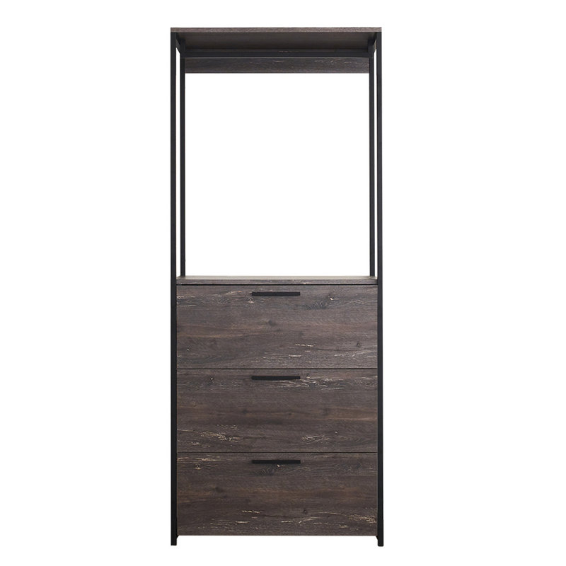 Gin Modular Closet System, 3 Rustic Gray Drawers, 1 Hanging Rod, Black