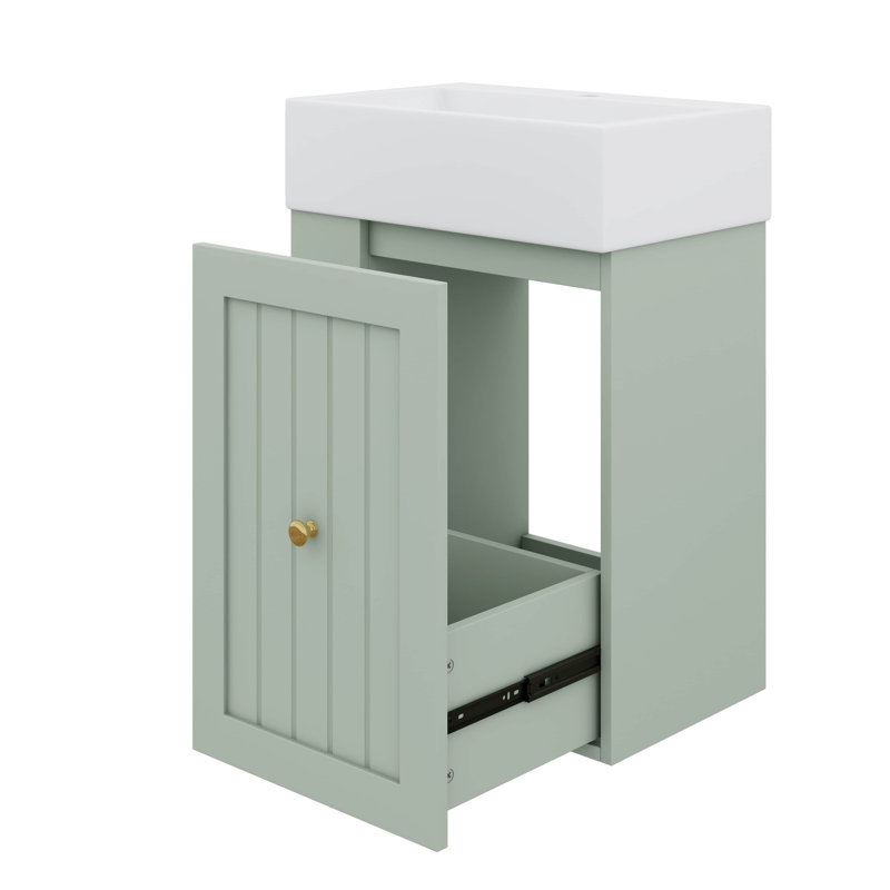 Lavabo de meuble-lavabo moderne en céramique 20 po, armoire en panneau de fibres à densité moyenne avec tiroir et poignée latérale dorée pour petits espaces