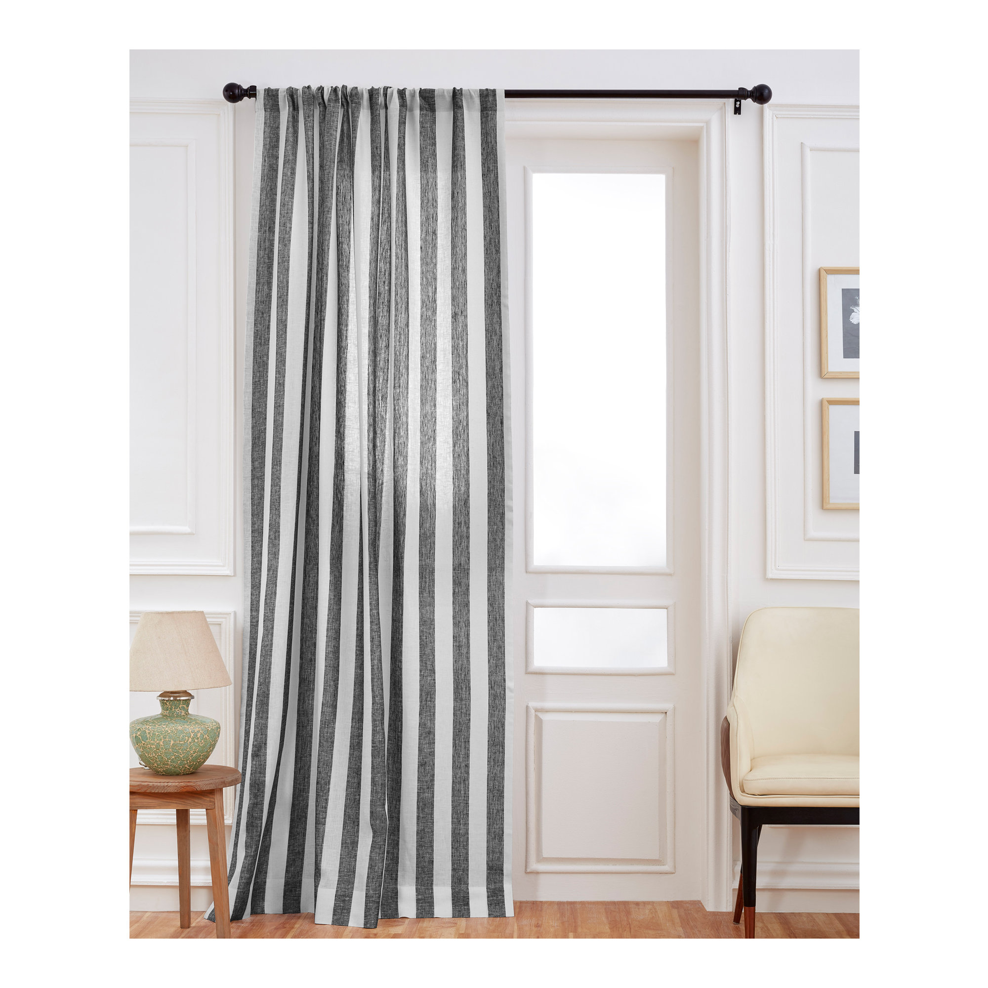  Stripe - 100% Pure Linen Curtain, Black and White, 52" W x 108" L