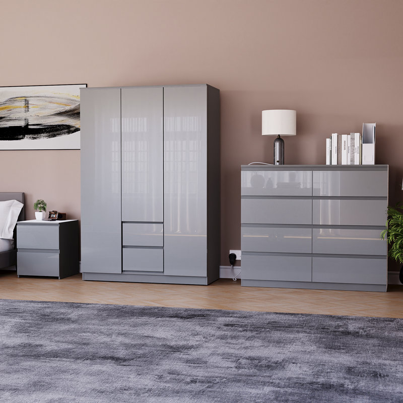 3 Piece Bedroom Set (2 Drawer Bedside Chest, 8 Drawer Chest, 3 Door 2 Drawer Wardrobe), (100% FSC), Grey