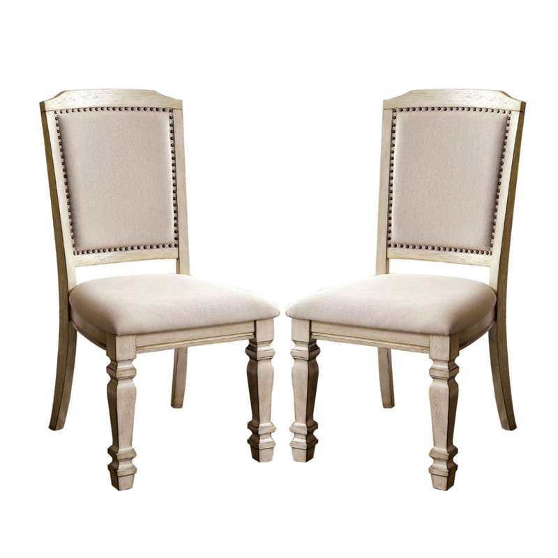 Ensemble de 2 chaises de salle à manger rembourrées en tissu blanc antique et ivoire