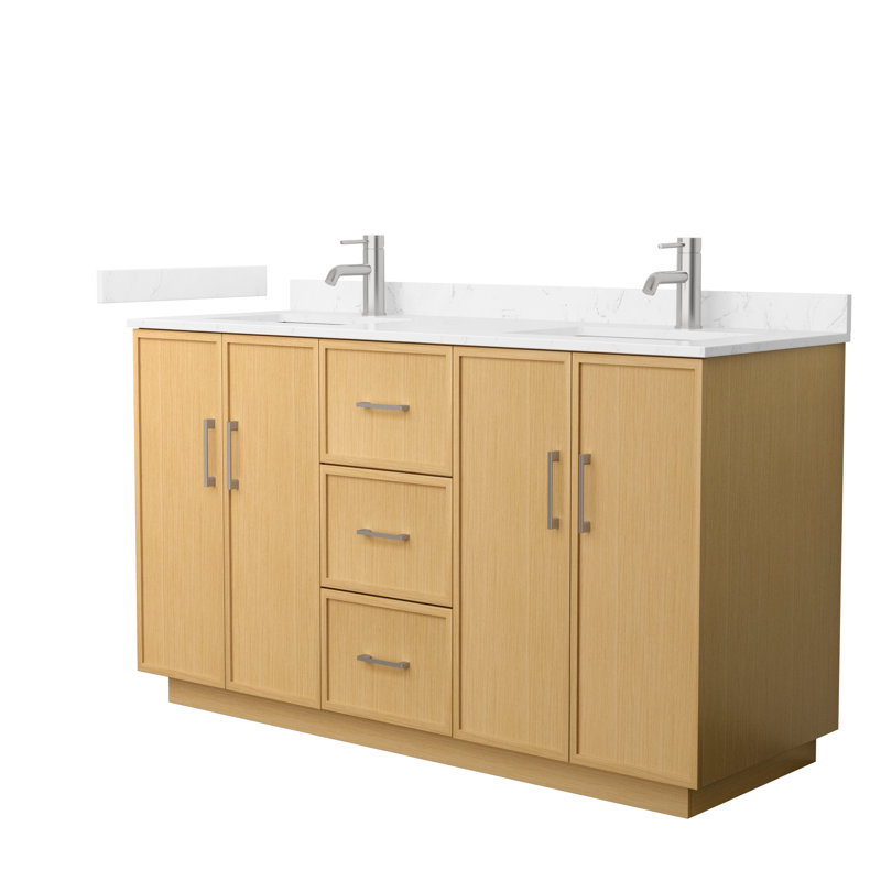 Meuble-lavabo double 60 po Elan TK, Marbre de culture de Carrare, Nickel brossé, Beige