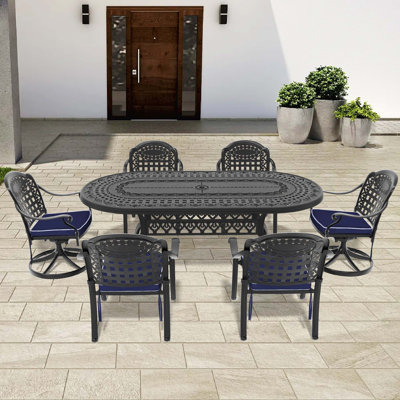 Ensemble de salle à manger 7 pièces en aluminium coulé avec cadre noir 7 pièces, comprenant 2 chaises pivotantes, 4 chaises et une table ovale