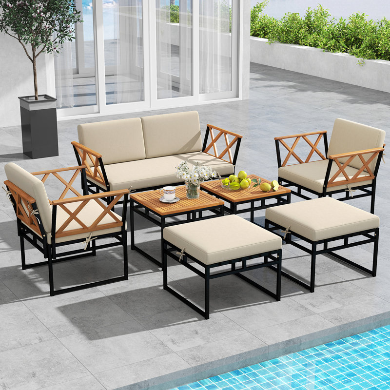 7 Piece Outdoor Conversation Set Metal Sectional Sofa Se, Beige