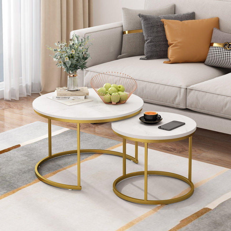 Ensemble de 2 tables basses gigognes, plateau rond en marbre et structure en métal robuste, tables d'appoint de table de bout
