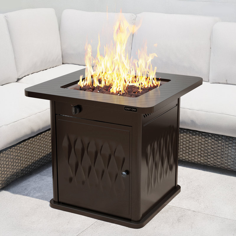 Table de foyer d'extérieur au propane en acier inoxydable avec couvercle, Brun, H 25 po x l 28 po x P 28 po