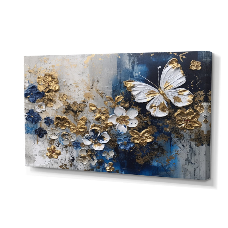 Ailes de papillon doré bleu et fleurs I - art mural floral