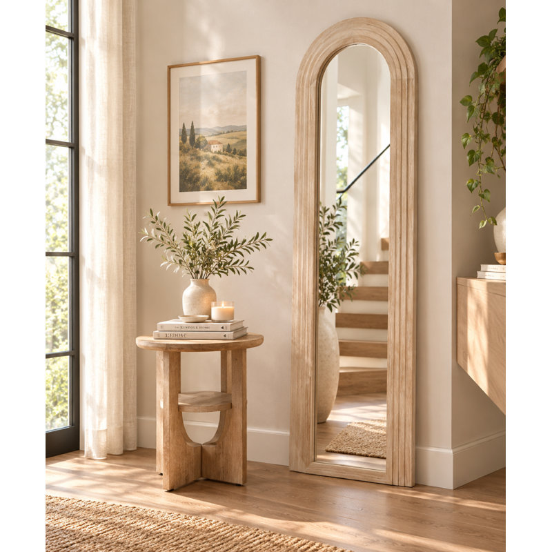 Solid Wood Arch Leaning Full Length Mirror, Slim, Whitewash