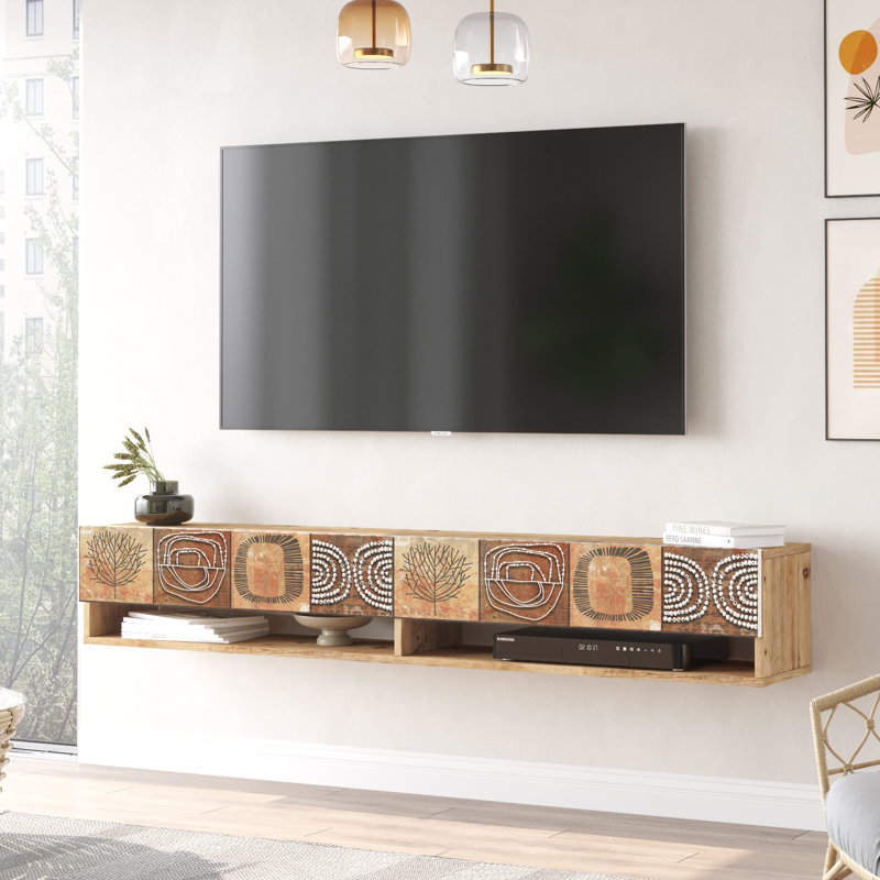 Future Tv Unit Uv Print Oak Color Floating Entertainment Center Console With Storage Shelves & Doors