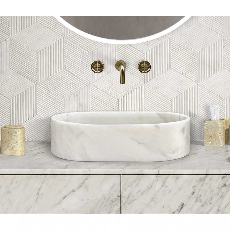 White Natural Marble Bathroom Vessel Sink, Semi-Polished Surface, Natural Stone, Genuine Marble, Real Marble, 23.6X15.7Xh5.9 Inches/600X400XH150 Mm