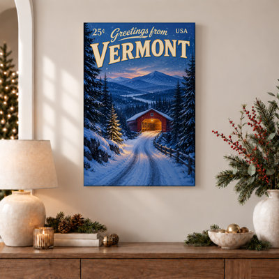 «Snowy Road to Red Covered Bridge in Vermont Christmas», art mural sur toile