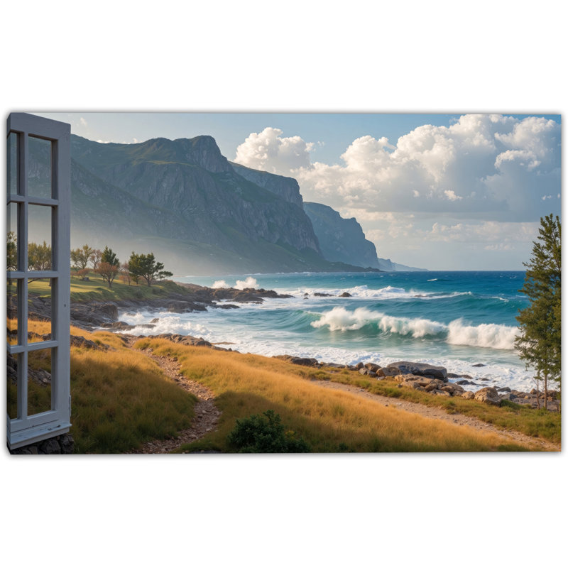 Golden Coastline Path – Seaside Window Canvas, H 24 po x l 36 po