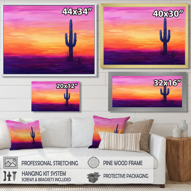«Minimal Cactus Sunset Horizon I», impression murale de cactus floral, H 12 po x l 20 po, Blanc
