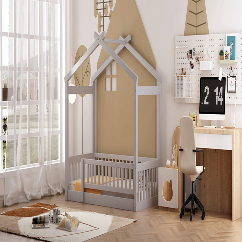 Structure de lit simple en bois avec clôture, pour enfants, adolescents, gris, Twin, Grey