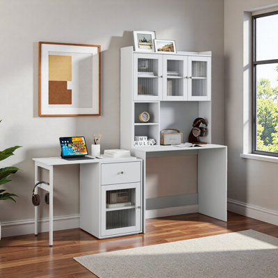 Computer Desk With 90° Rotating Desktop & Glass Door Cabinets, Home Office Desk With Adjustable Workstation, Bookshelf And Hutch For Study Room, Bedroom