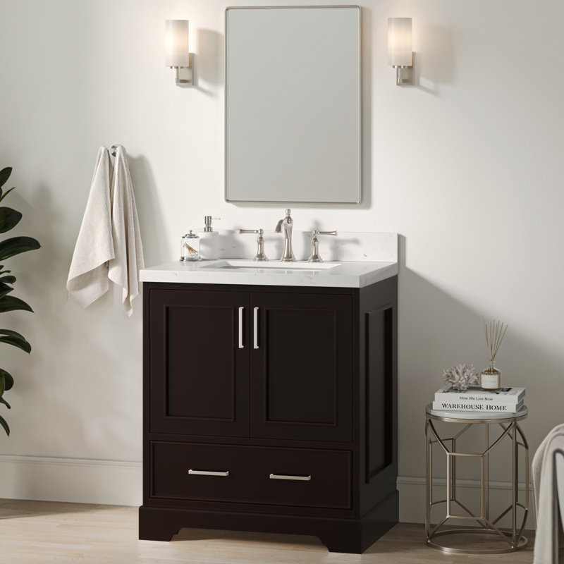 Meuble-lavabo simple avec plateau en quartz Abshire, Espresso, Nickel brossé